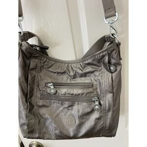 KIPLING COATED SILVER GRAY NYLON CANVAS STRAP SHOULDER BAG XBODY HANDBAG PURSE